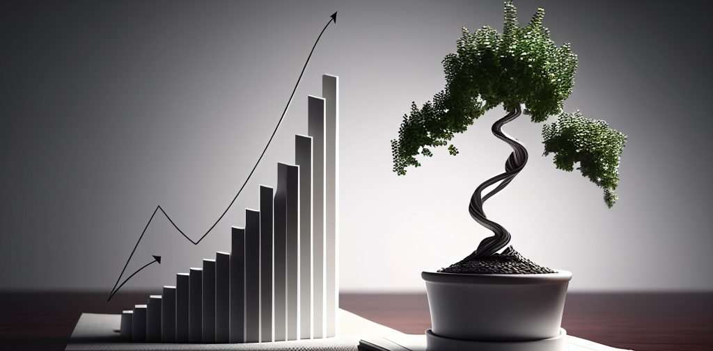 Symbolbild für Wachstum und Denkweise: Ein Bonsai-Baum und ein wachsendes Balkendiagramm, thematisiert im Artikel über die Denkweise und das Gehirn als Schaltzentrale auf healthmonkeys.de.