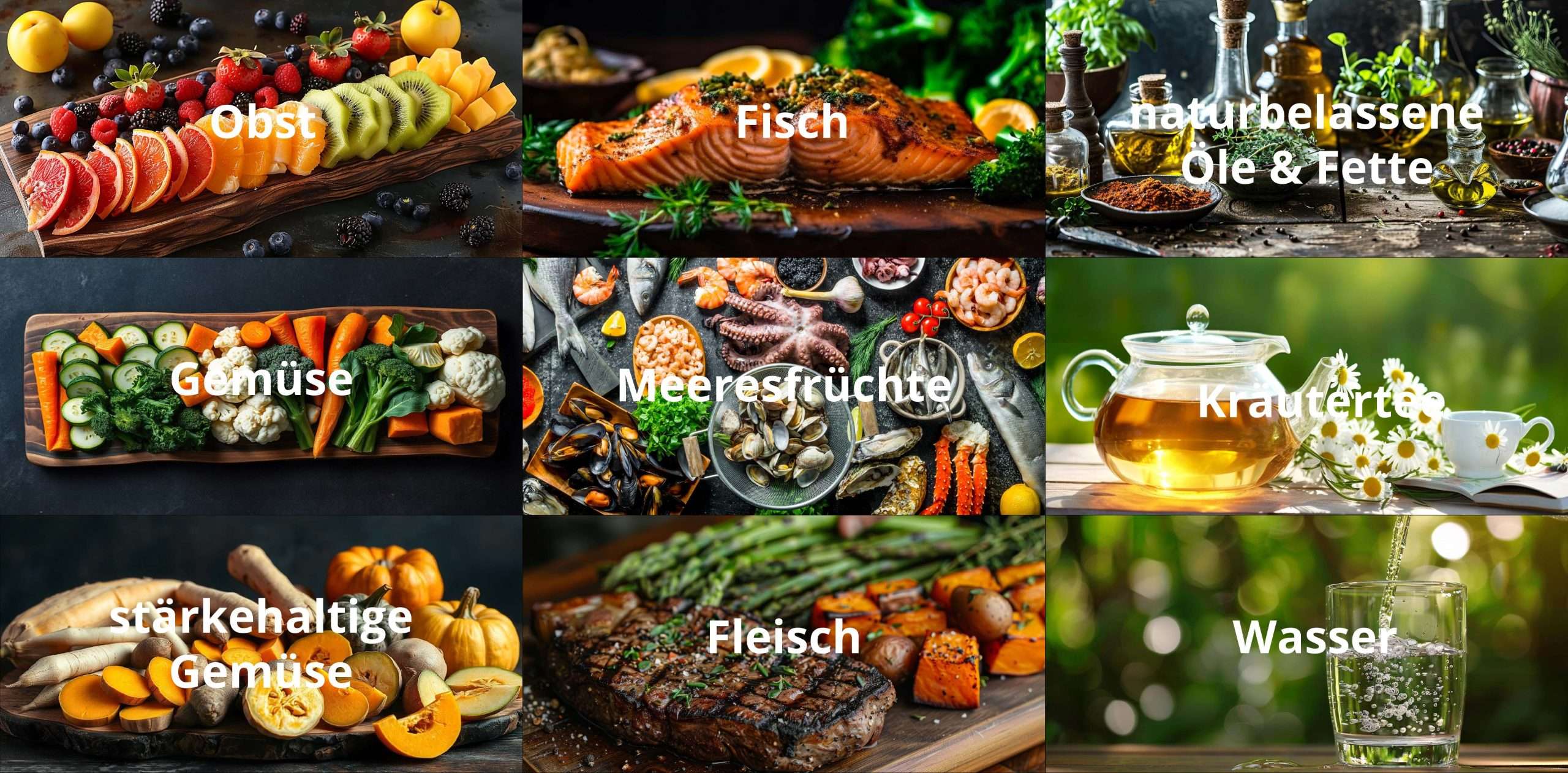 Collage aus gesunden Lebensmitteln wie Obst, Gemüse, Fisch, Meeresfrüchten, naturbelassenen Ölen, Fleisch, stärkehaltigem Gemüse, Kräutertees und Wasser, die eine ausgewogene Ernährung repräsentieren