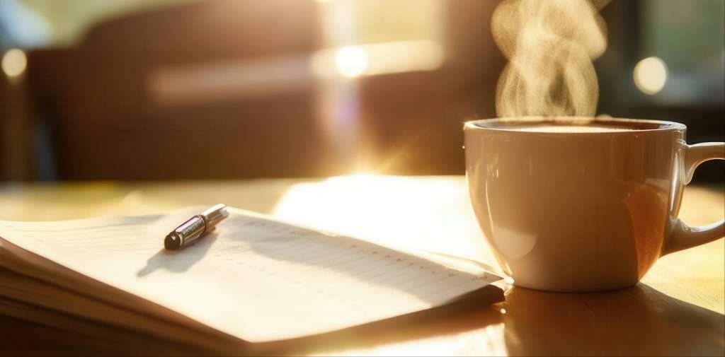 Tasse Kaffee und Notizblock auf einem sonnigen Schreibtisch – steht für die Bedeutung, Gedanken und Ziele handschriftlich aufzuschreiben, wie im Blogpost über bewusstes Leben und Lifestyle beschrieben.